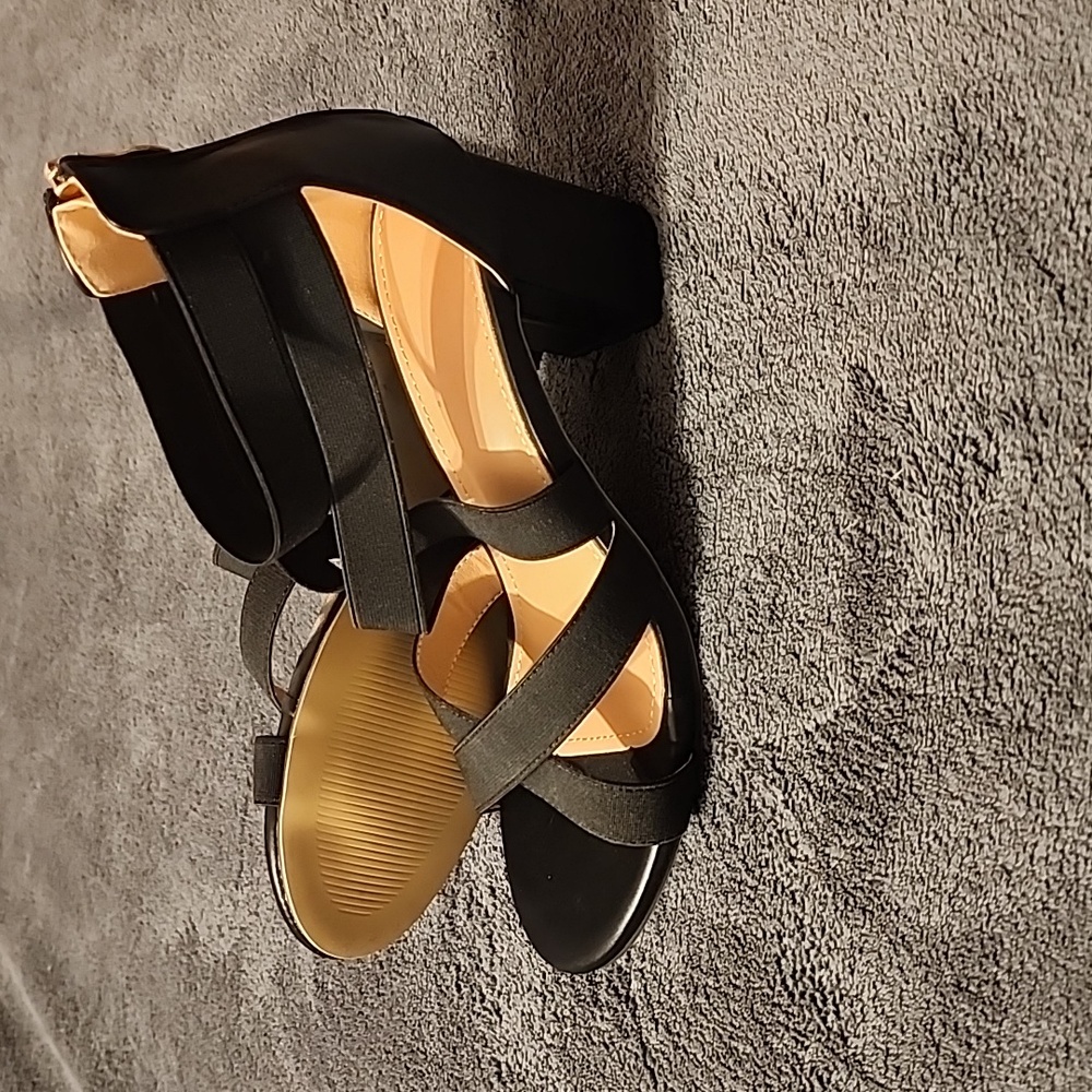Women's black size 38 block heeled sandle. Zip up heel.